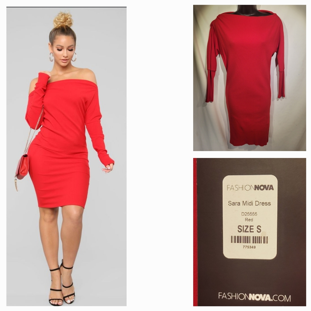 NWT Fashion Nova Sara Midi Dress Red Bodycon Off The Shoulder With Long Sleeves